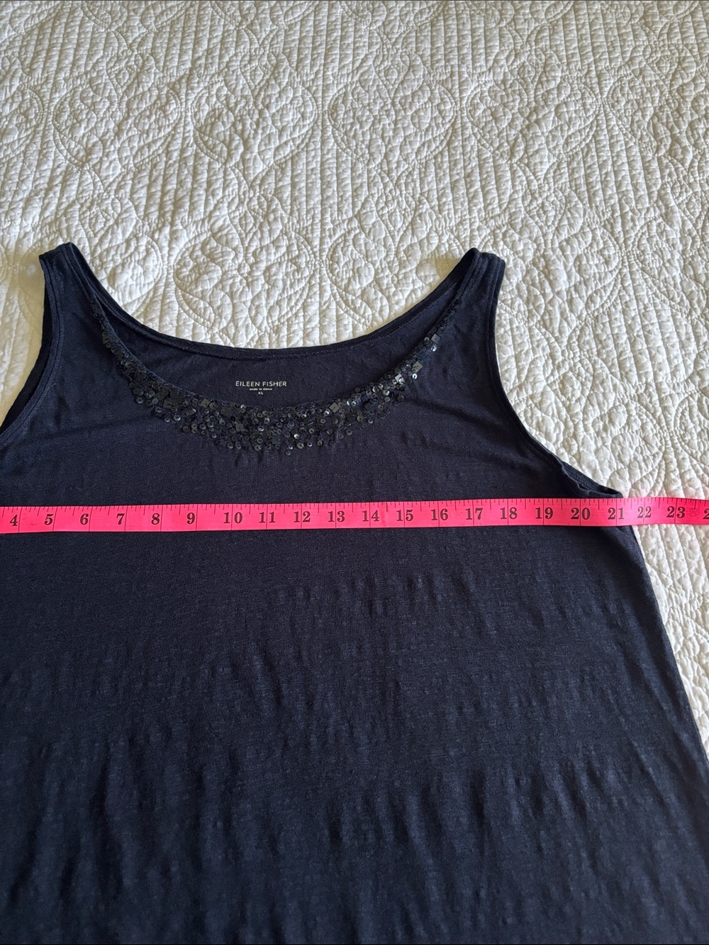 Eileen Fisher Navy Linen Embellished Scoop Neck Tank Top Sequins Size XL - Picture 7 of 11